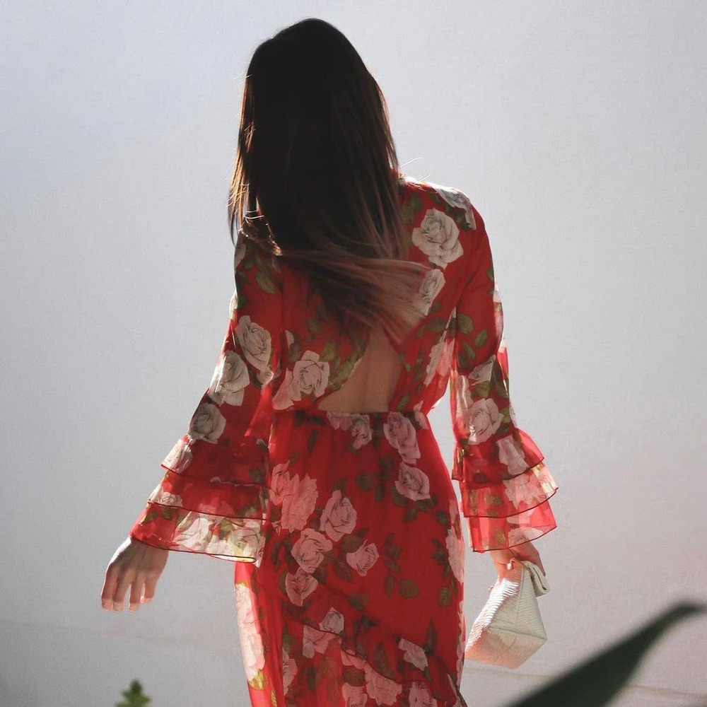 ZARA FLOWY RUFFLE TRIM LONG DRESS WITH TIE ROSE PRINT RED - Picture 5 of 16